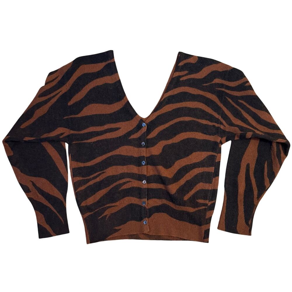 VTG Adolfo Cardigan Lambswool Angora Sweater Zebra Crop Back Buttons 80s Medium